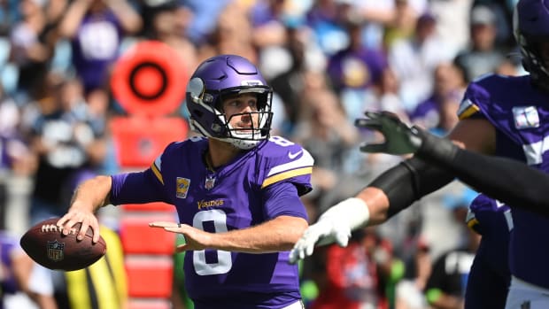 Oct 1, 2023; Charlotte, North Carolina, USA; Minnesota Vikings quarterback Kirk Cousins (8) looks to pass in the first quarter at Bank of America Stadium.